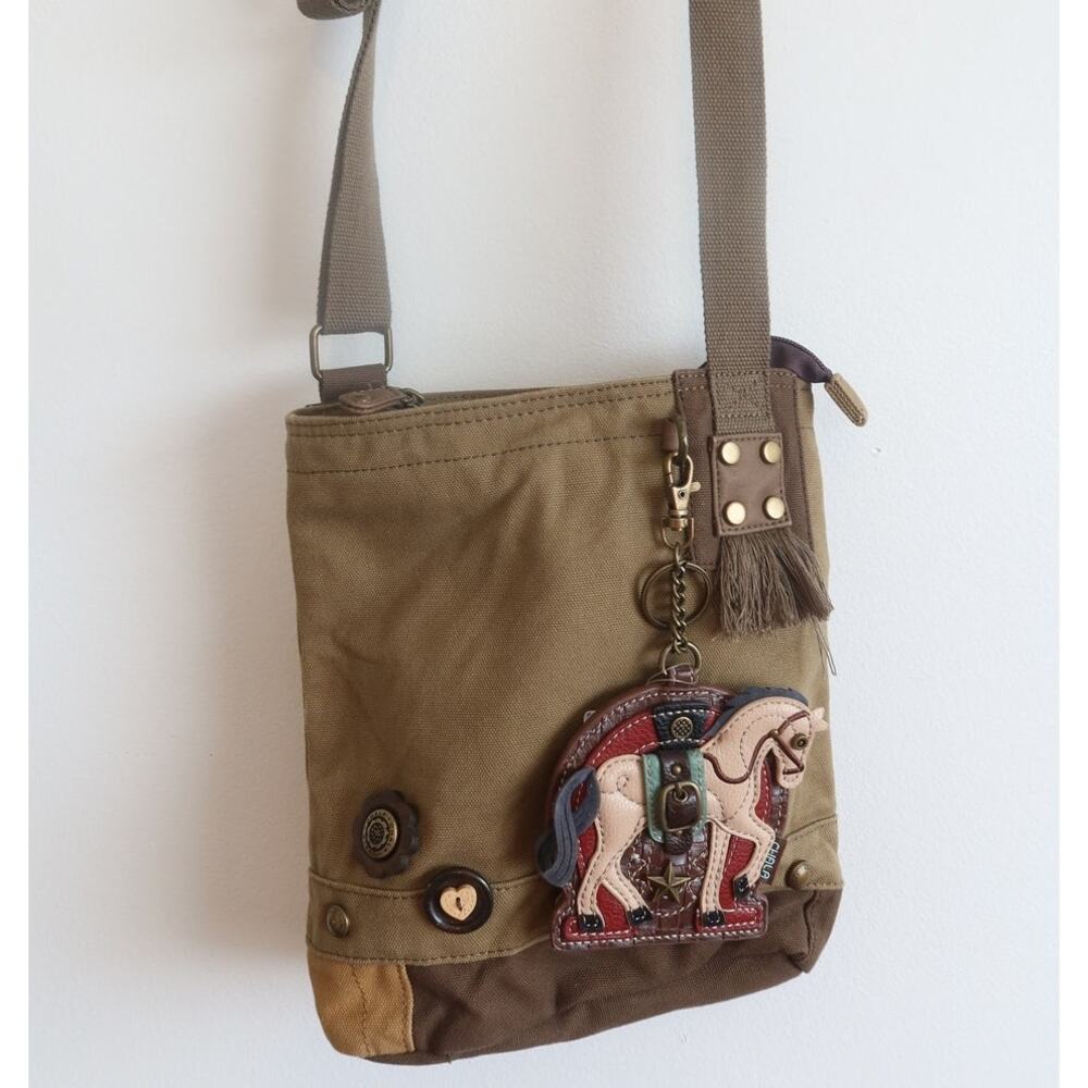 CHALA Patch Crossbody Canvas Messenger Bag w/Horse Coin Purse Keychain NWT